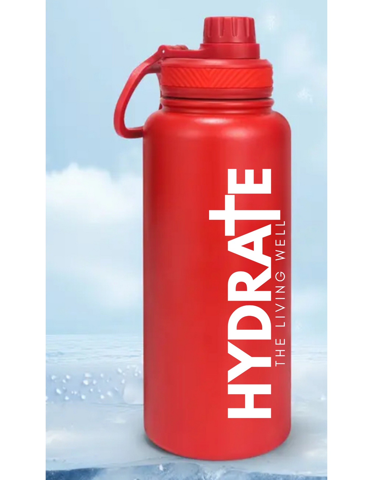 Red water bottle with 'HYDRATE' text against a blue sky background