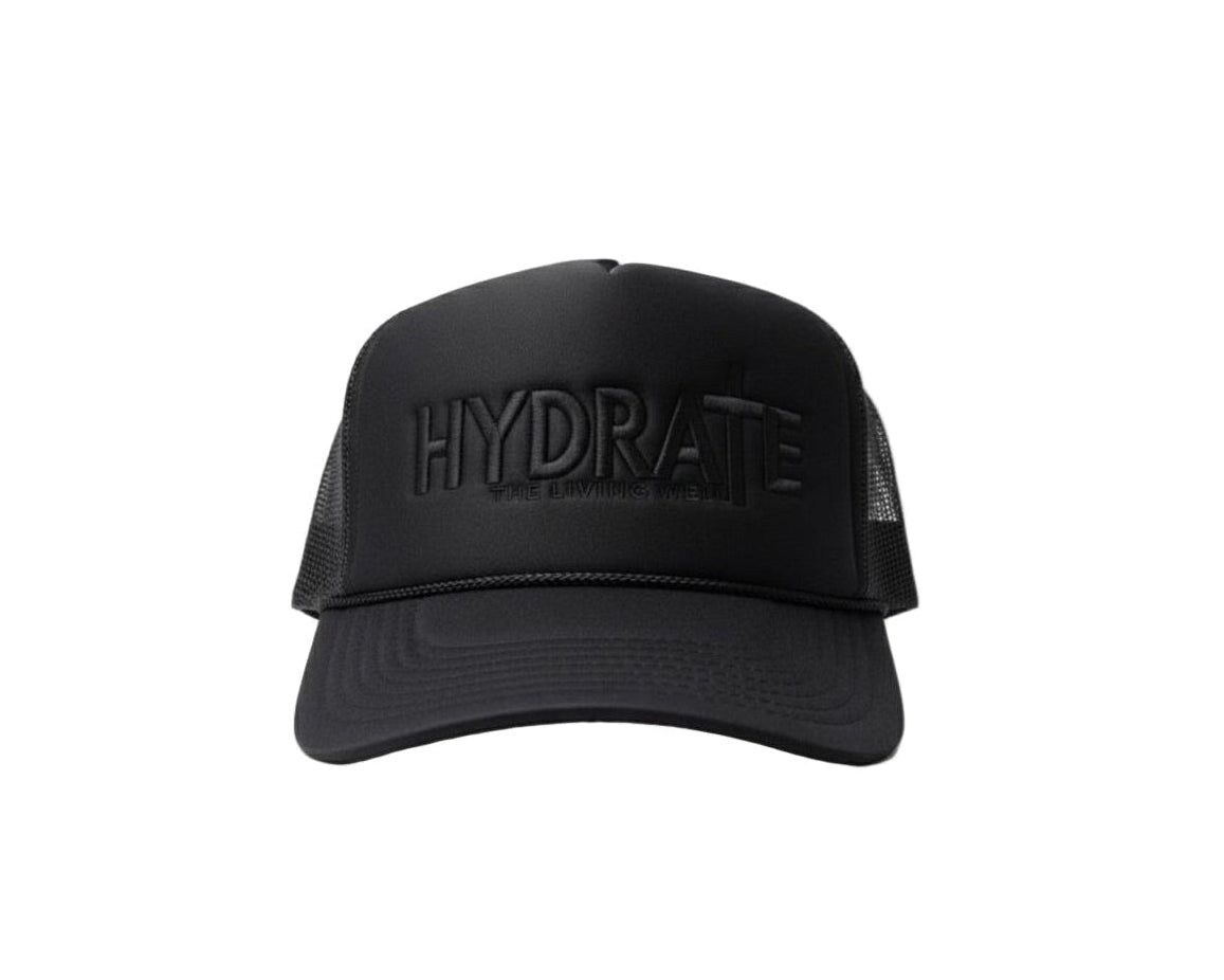 Black cap with 'HYDRATE' text on a white background
