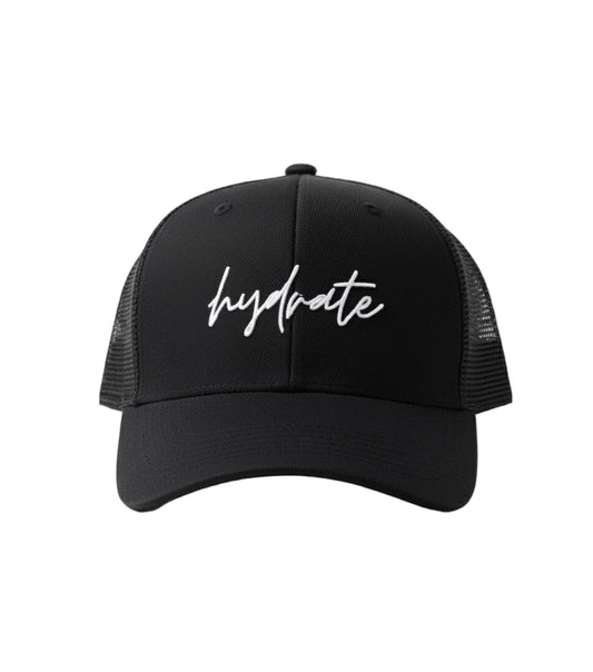 Black cap with 'hydrate' text on a white background