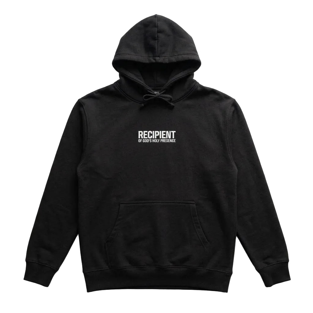 A black pullover hoodie with a white printed chest logo reading 'RECIPIENT OF GOD'S HOLY PRESENCE' on a clean white background.