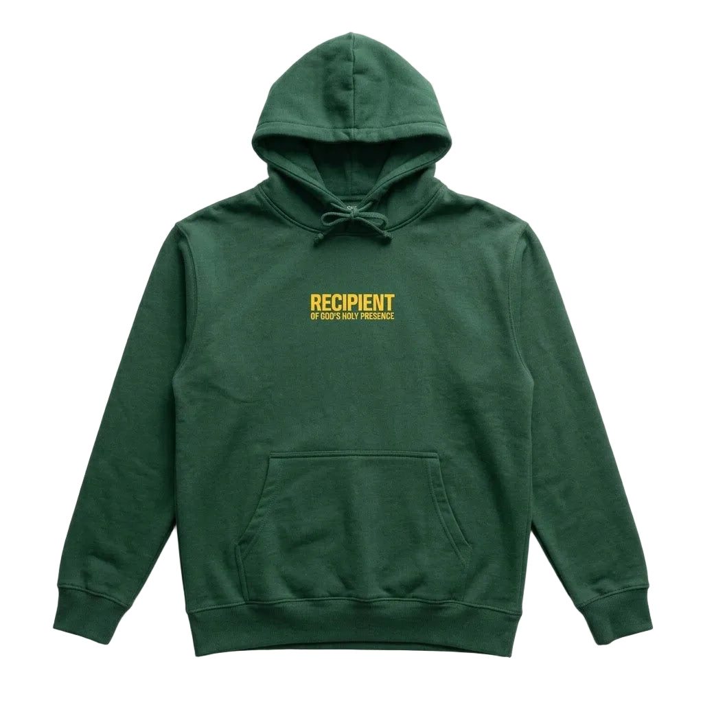 A dark green pullover hoodie with a small yellow text graphic on the chest reading 'RECIPIENT OF GOD'S HOLY PRESENCE', displayed flat against a light gray background.
