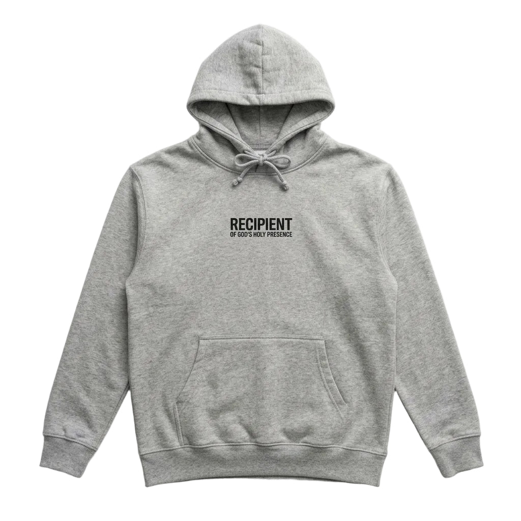A heather gray pullover hoodie with a front kangaroo pocket and drawstring hood, featuring the text 'RECIPIENT OF GOD'S HOLY PRESENCE' printed in black on the chest, displayed on a clean white background.