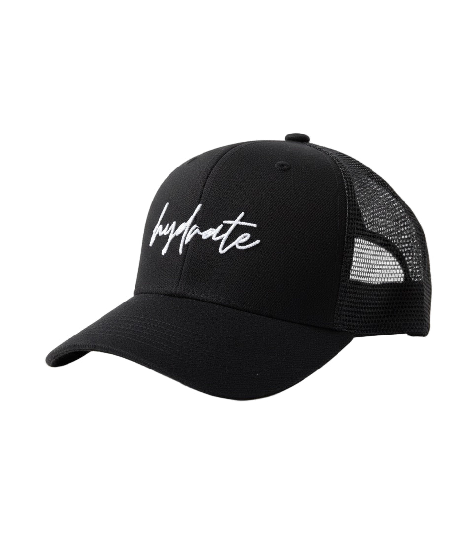 Black cap with 'hydrate' text on a white background