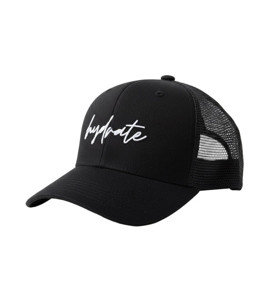 Black cap with 'hydrate' text on a white background