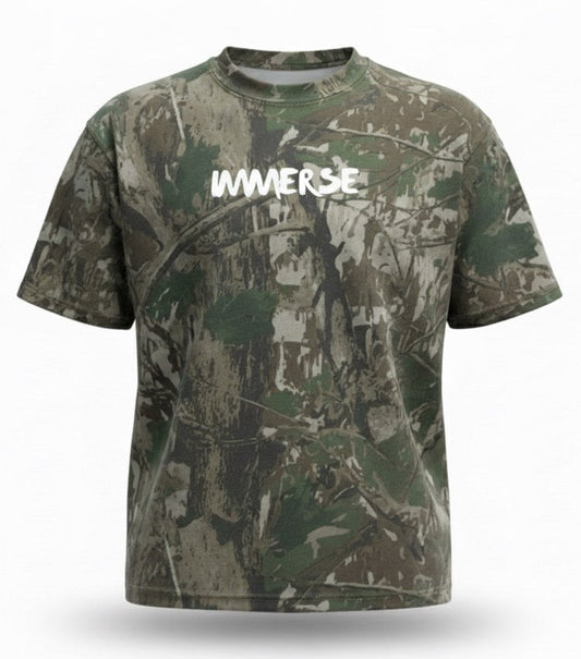 Camouflage t-shirt with 'IMMERSE' logo on a white background