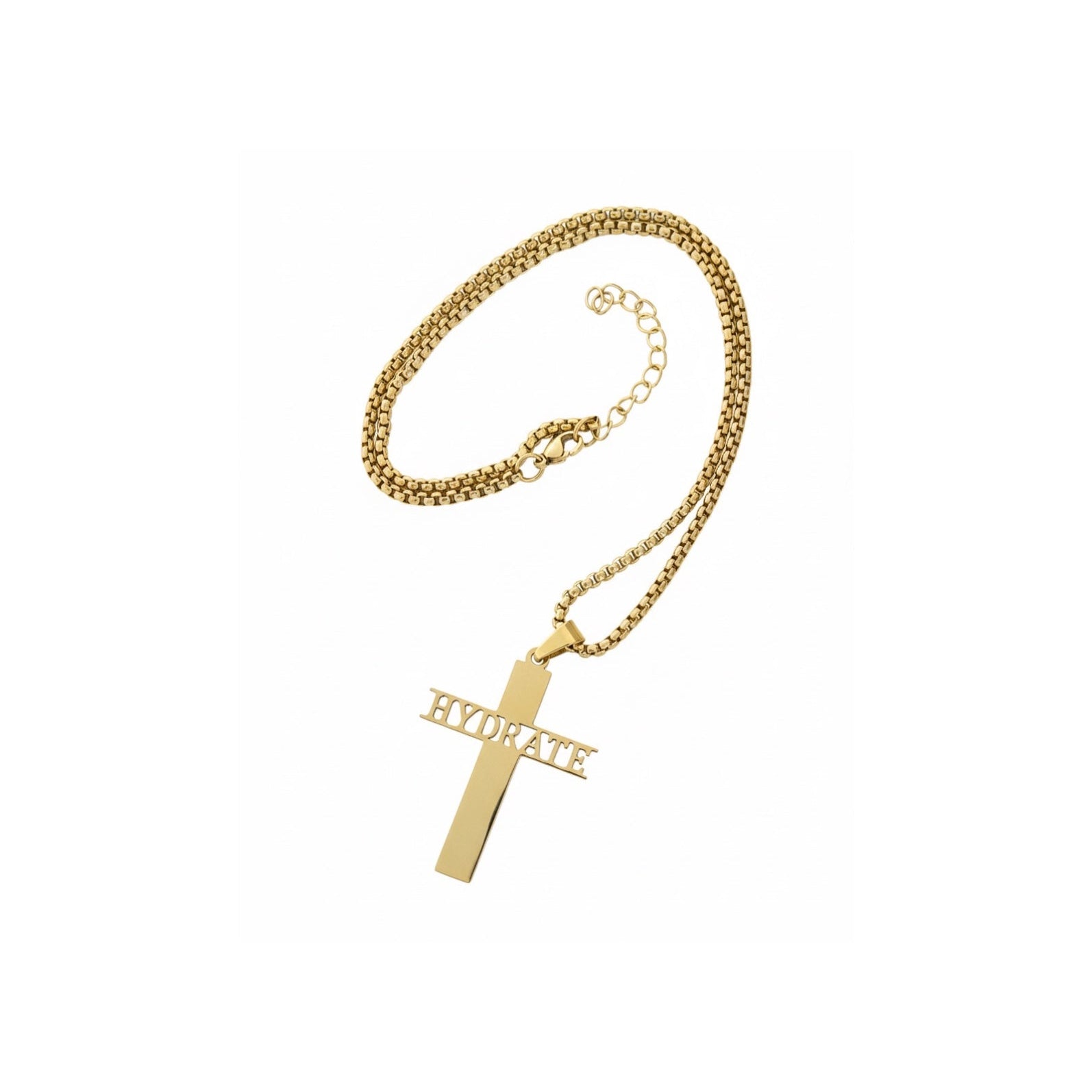 Gold necklace with a cross pendant on a white background