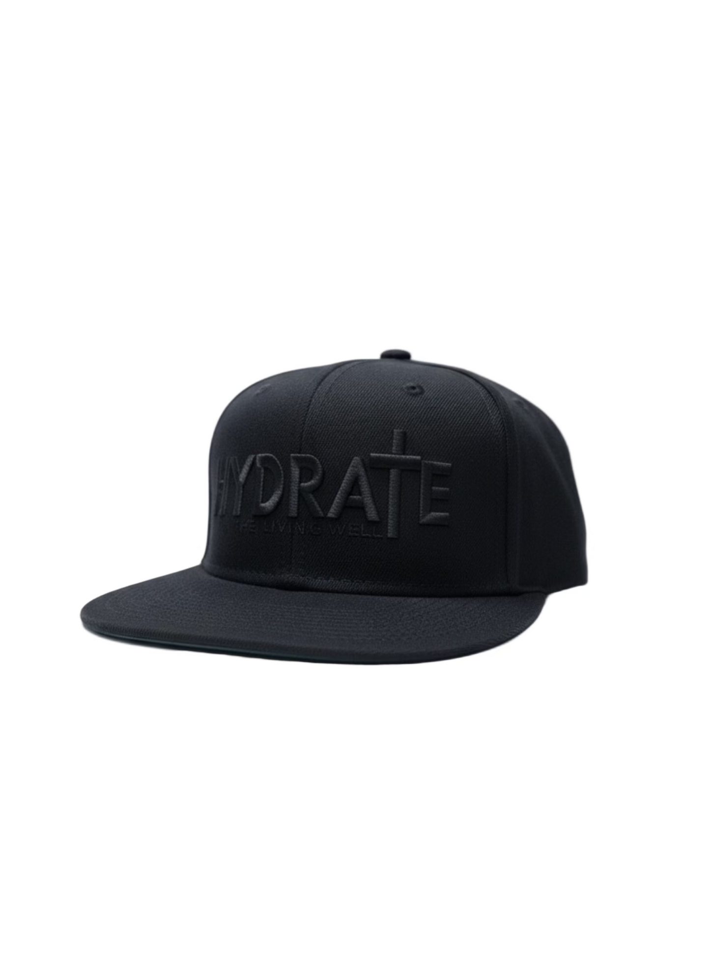 Black cap with BLACK EMBROIDERED text that reads 'HYDRATE'  THE LIVING WELL text on a white background