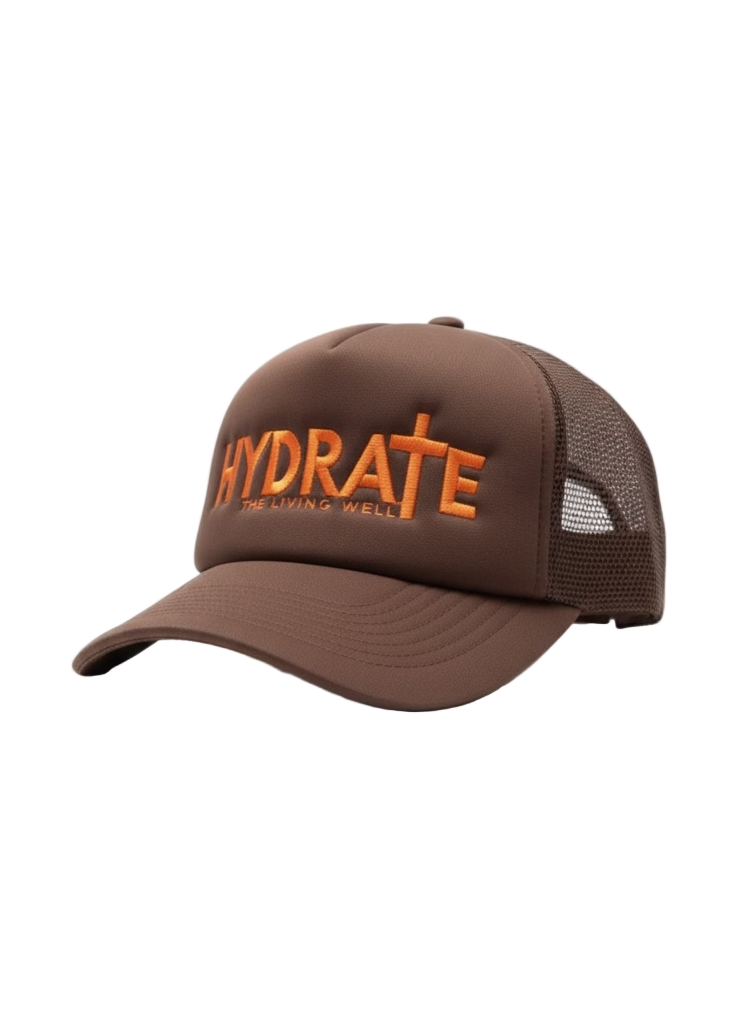 Brown cap with 'HYDRATE' logo on a white background