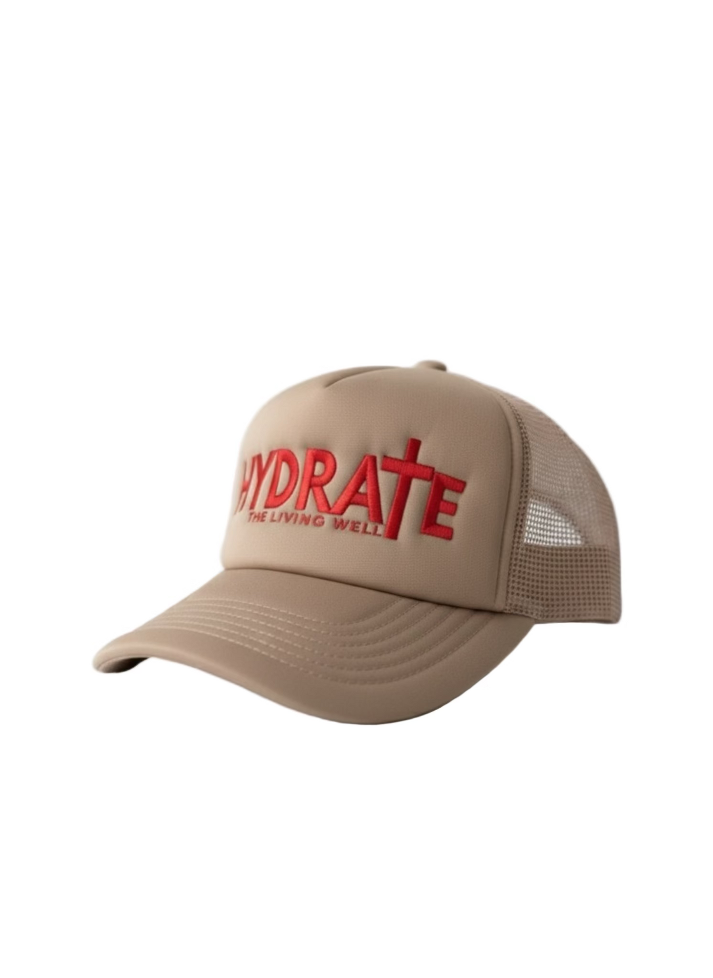 Beige cap with red 'HYDRATE' logo on a white background