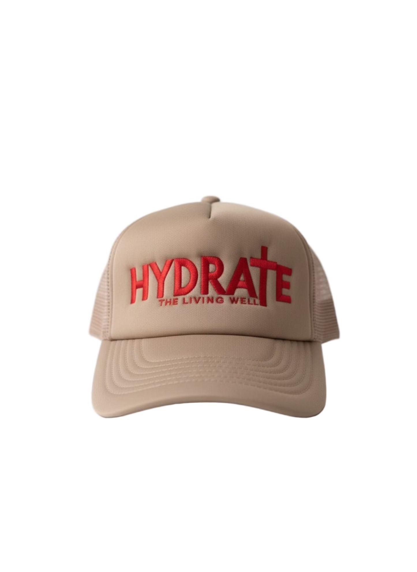 Beige cap with red embroidered 'HYDRATE THE LIVING WELL' text on a white background
