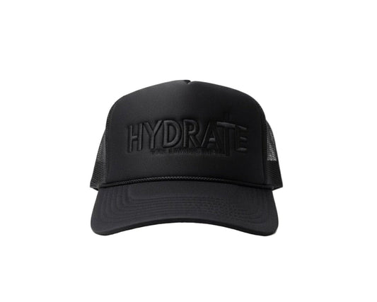 Black cap with 'HYDRATE' text on a white background
